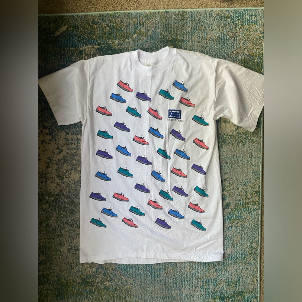NOS 90s Keds single stitch They Feel Good colorful shoe print t-shirt, size XL